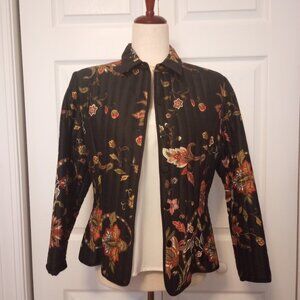 SilkLand Black Floral Silk Quilted Jacket sz Small Petite